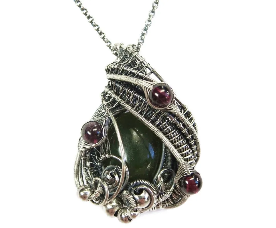 Nephrite Jade & Rhodolite Garnet Pendant, Wire-Wrapped in Sterling Silver