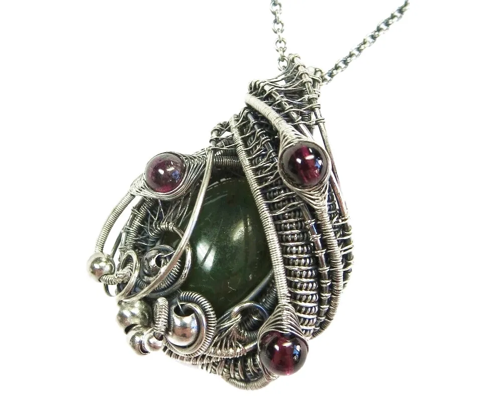 Nephrite Jade & Rhodolite Garnet Pendant, Wire-Wrapped in Sterling Silver