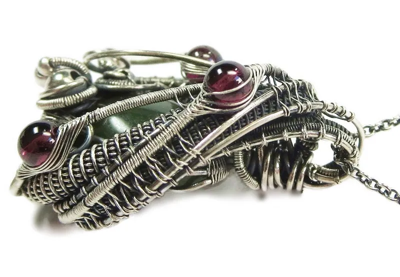 Nephrite Jade & Rhodolite Garnet Pendant, Wire-Wrapped in Sterling Silver