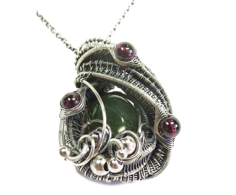 Nephrite Jade & Rhodolite Garnet Pendant, Wire-Wrapped in Sterling Silver