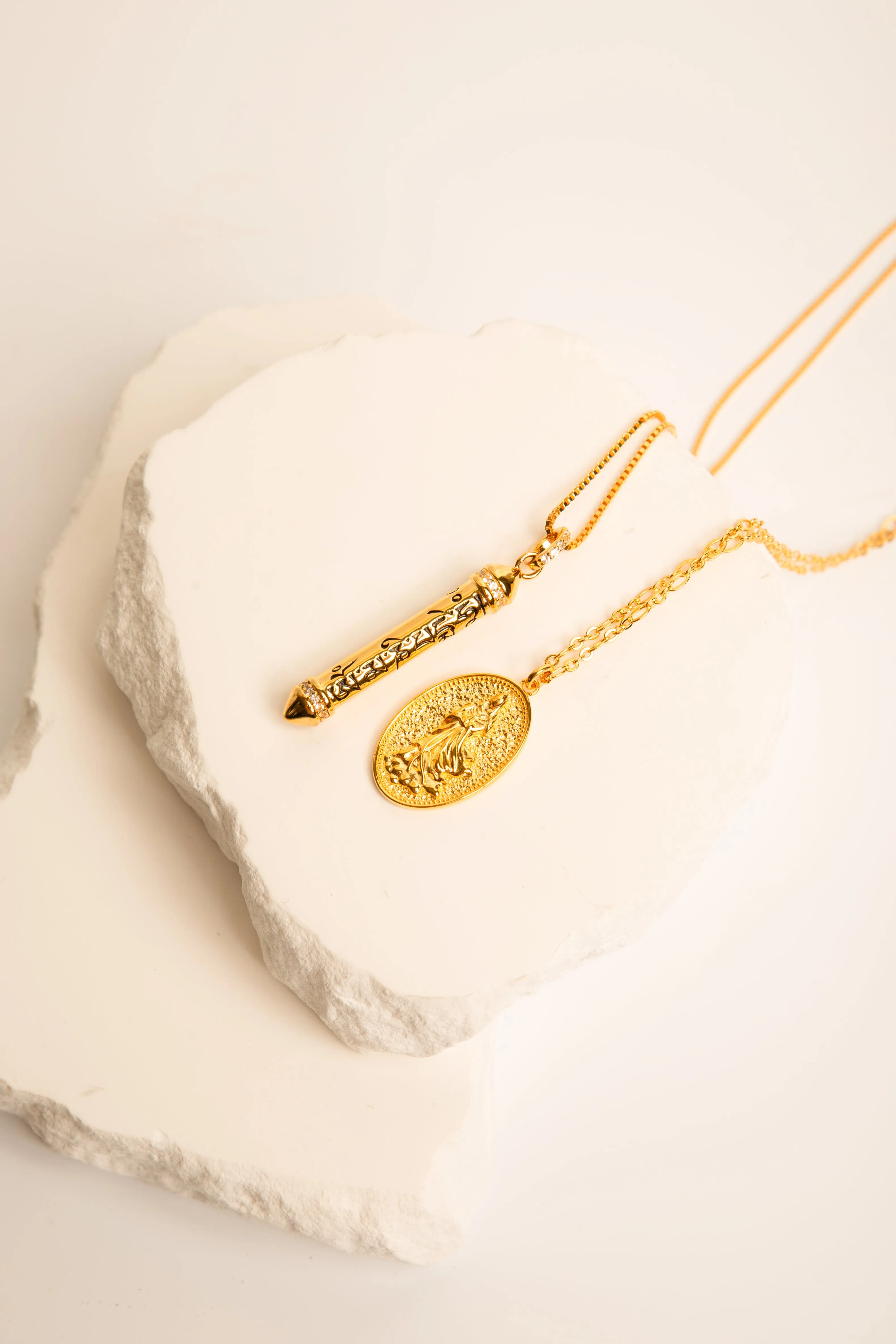 OM MANI PADME HUM 18k Gold, White Topaz Prayer Necklace, 22 inches