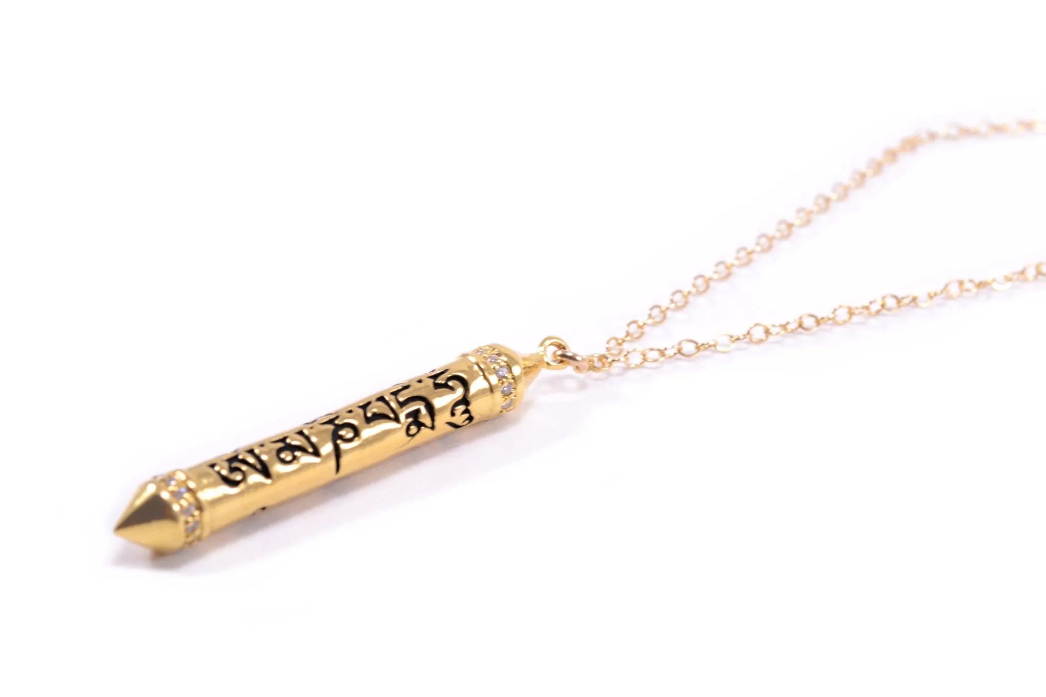 OM MANI PADME HUM 18k Gold, White Topaz Prayer Necklace, 22 inches