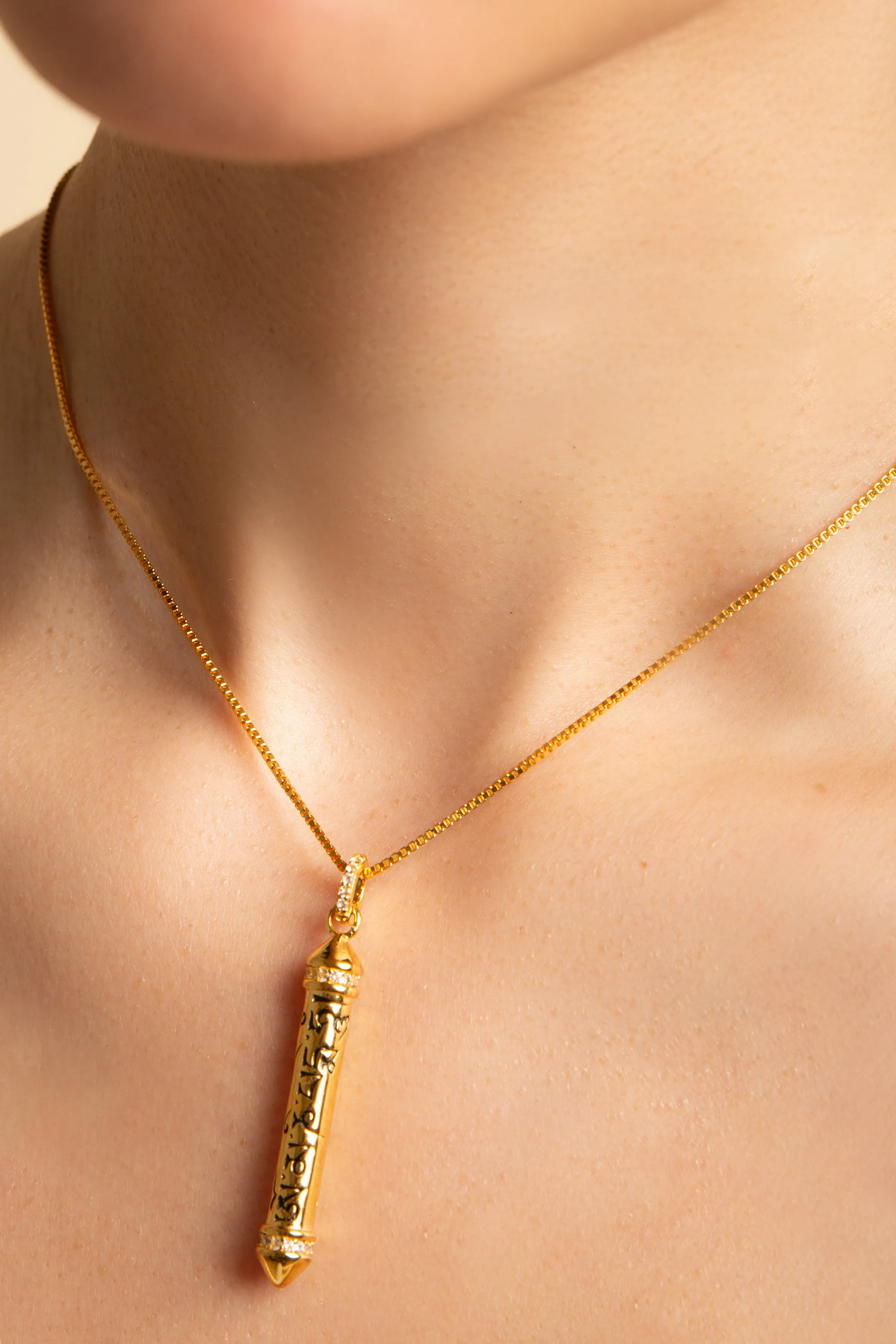 OM MANI PADME HUM 18k Gold, White Topaz Prayer Necklace, 22 inches