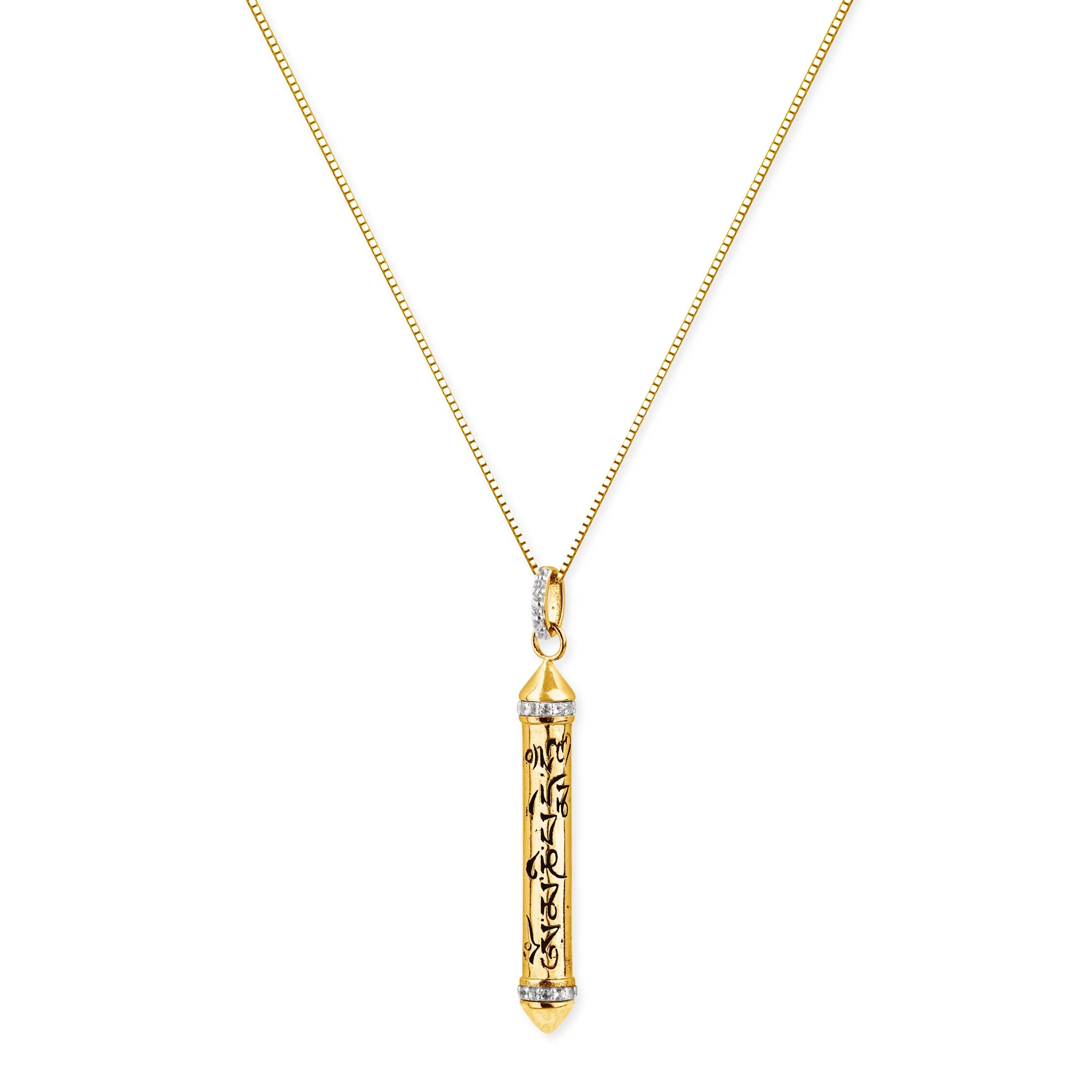 OM MANI PADME HUM 18k Gold, White Topaz Prayer Necklace, *Seen in Harper's Bazaar UK