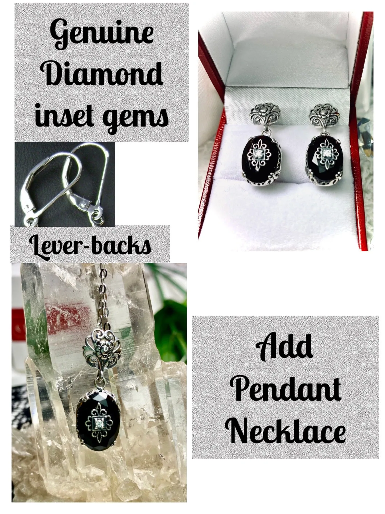 Onyx Earrings, Optional Necklace, Sterling Silver Embellishment, Vintage Edwardian Jewelry #E70e