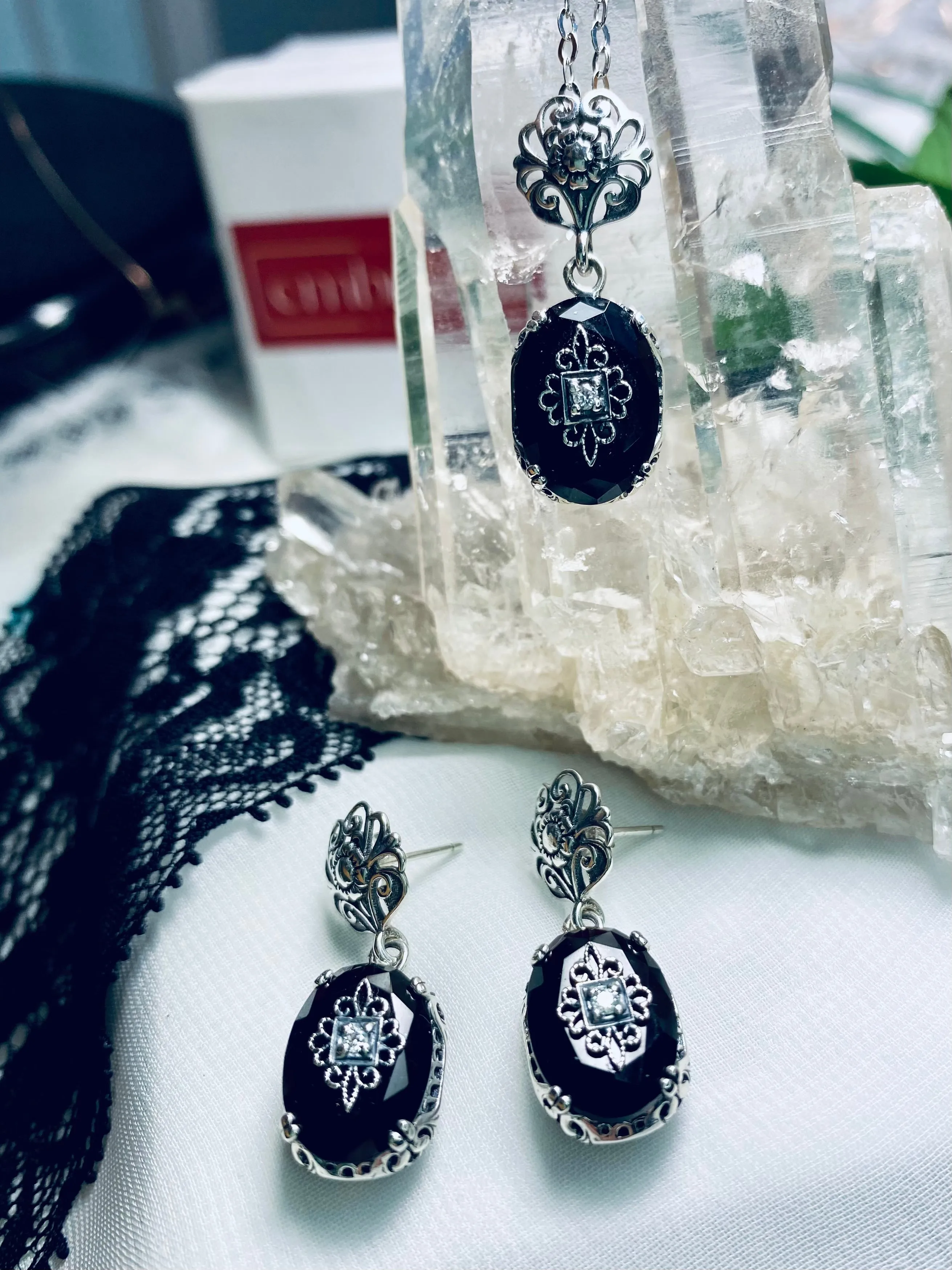 Onyx Earrings, Optional Necklace, Sterling Silver Embellishment, Vintage Edwardian Jewelry #E70e