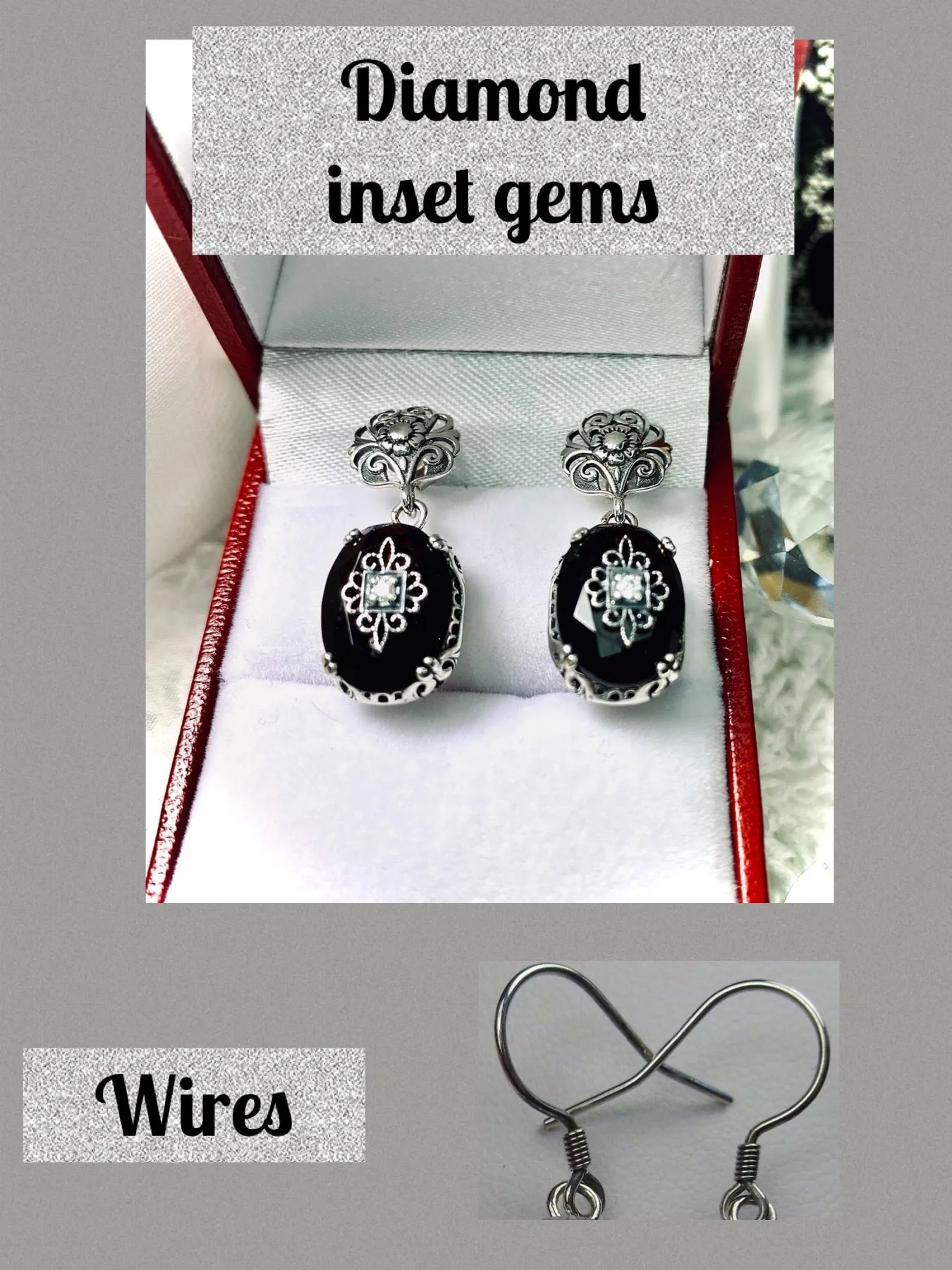 Onyx Earrings, Optional Necklace, Sterling Silver Embellishment, Vintage Edwardian Jewelry #E70e