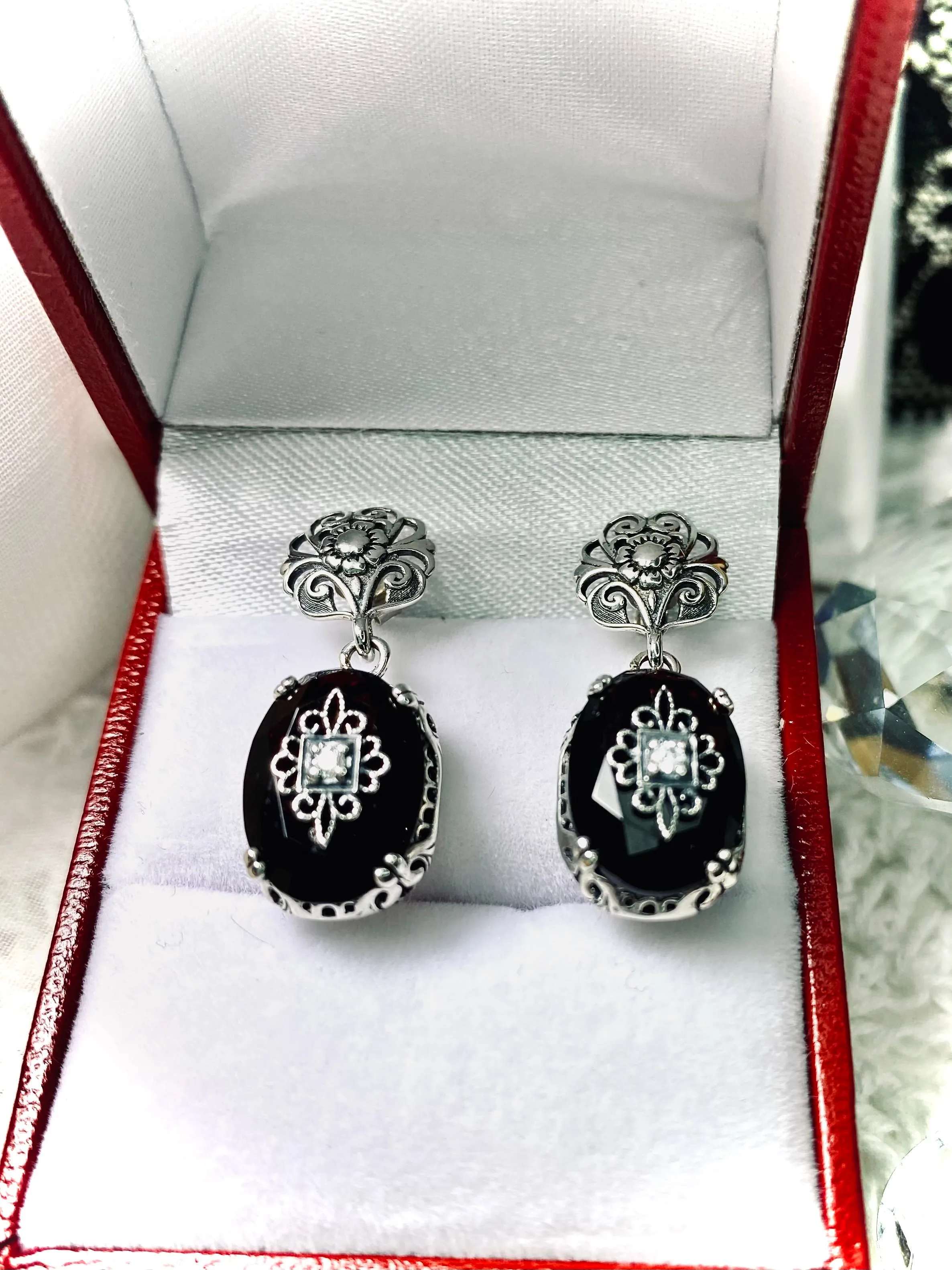 Onyx Earrings, Optional Necklace, Sterling Silver Embellishment, Vintage Edwardian Jewelry #E70e