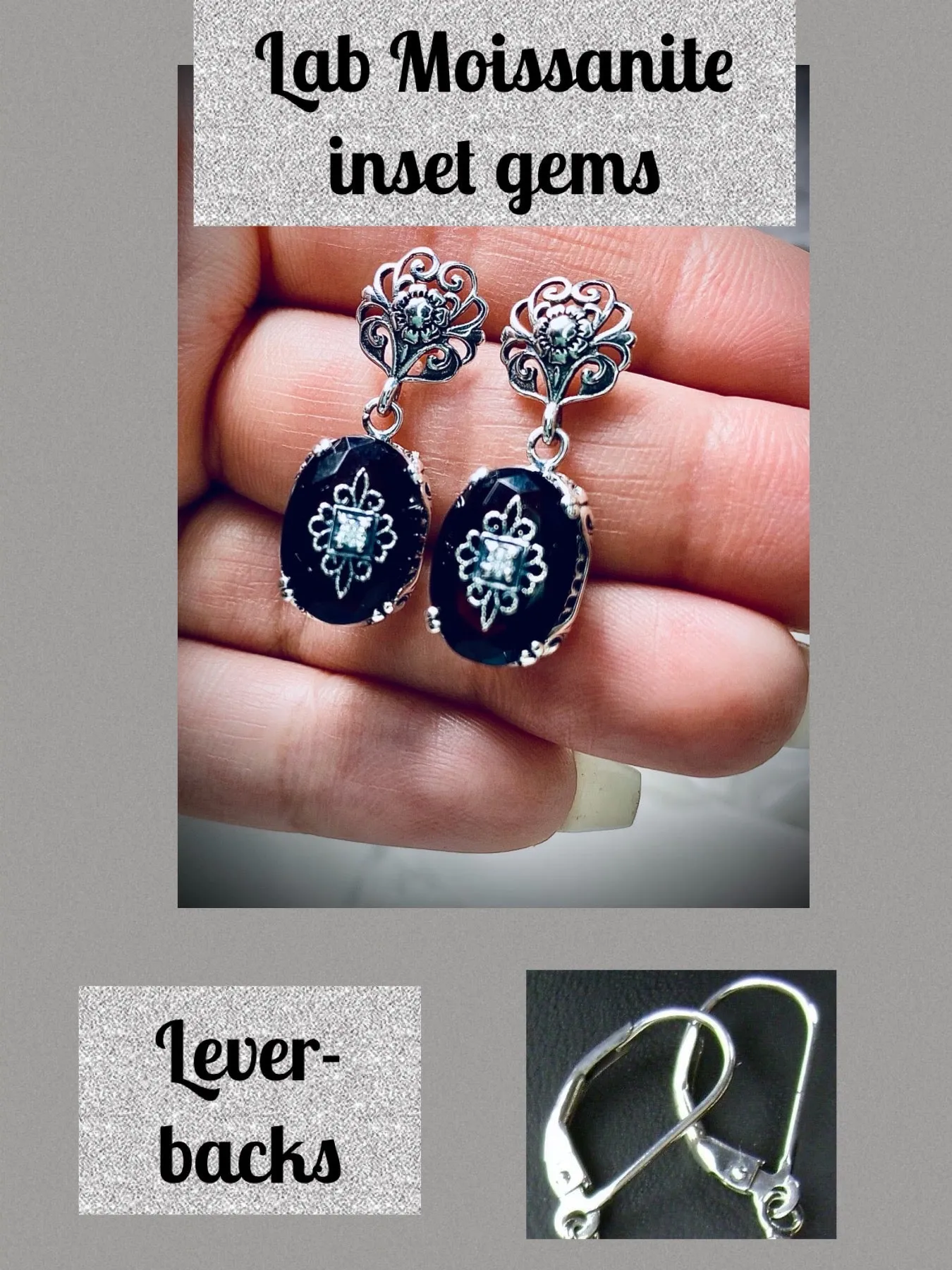Onyx Earrings, Optional Necklace, Sterling Silver Embellishment, Vintage Edwardian Jewelry #E70e