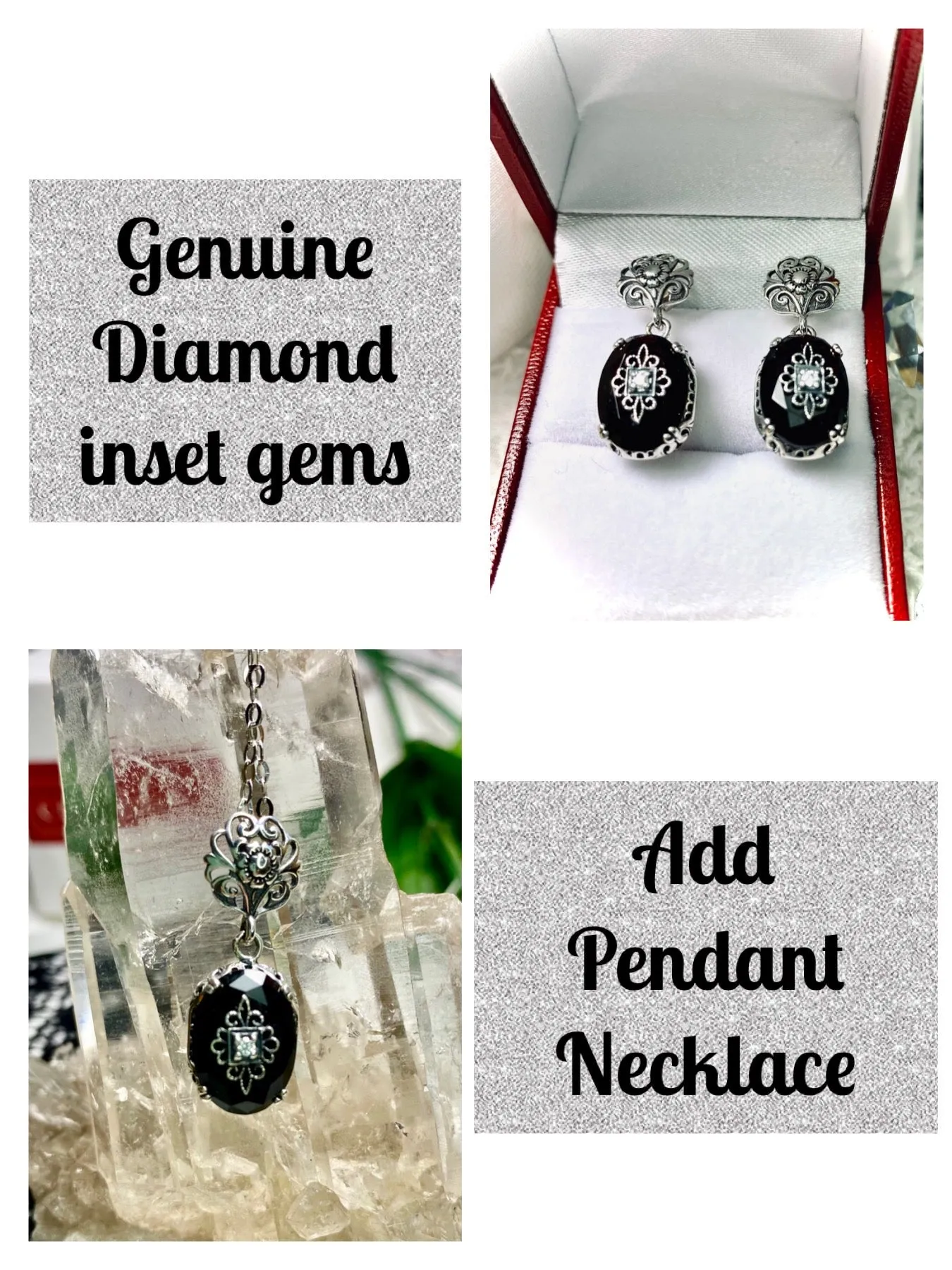 Onyx Earrings, Optional Necklace, Sterling Silver Embellishment, Vintage Edwardian Jewelry #E70e