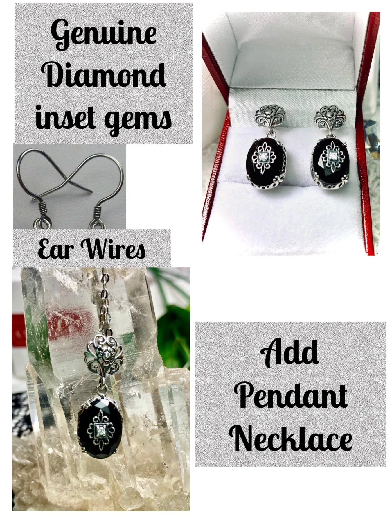 Onyx Earrings, Optional Necklace, Sterling Silver Embellishment, Vintage Edwardian Jewelry #E70e