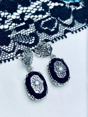 Onyx Earrings, Optional Necklace, Sterling Silver Embellishment, Vintage Edwardian Jewelry #E70e