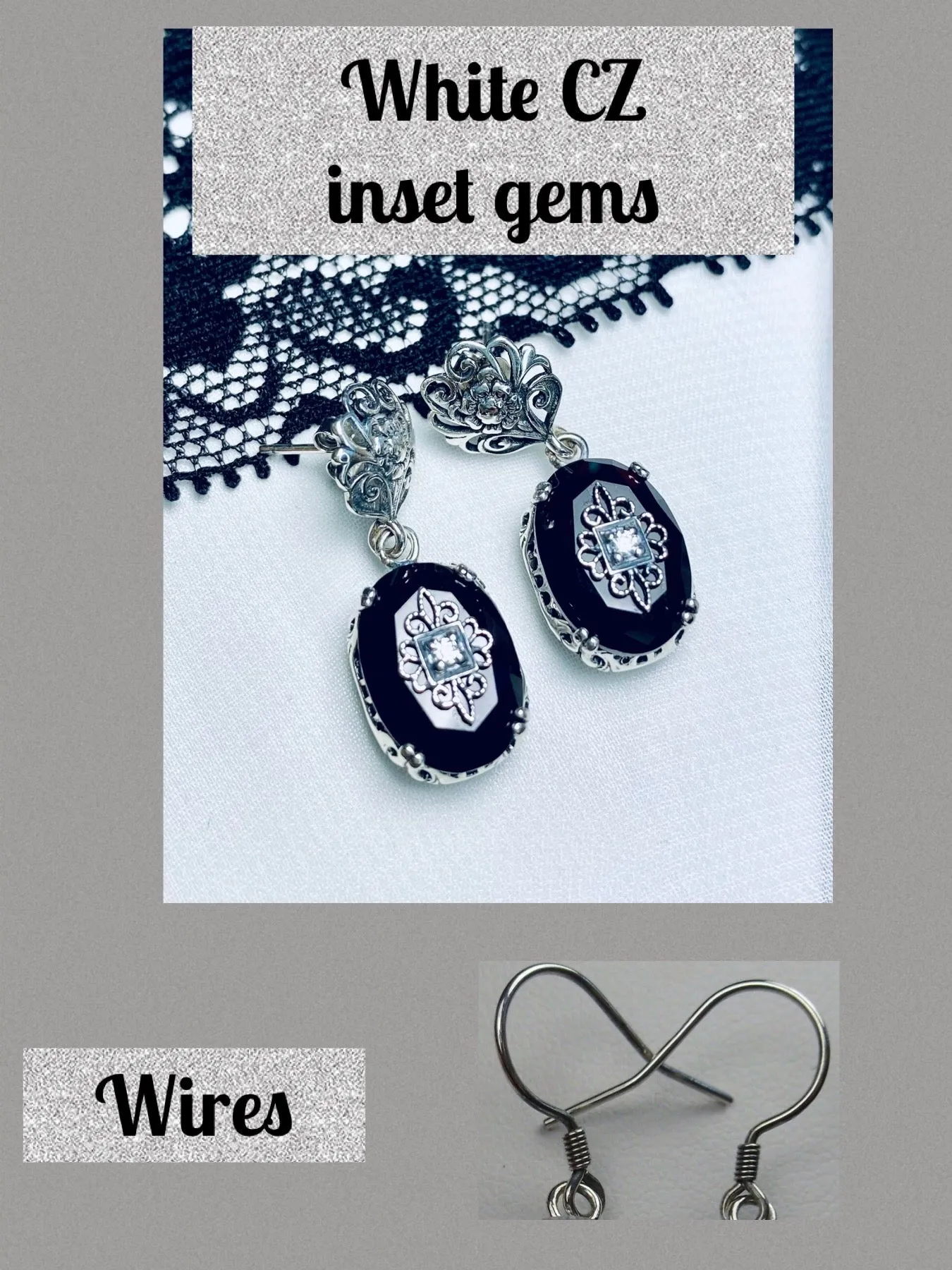 Onyx Earrings, Optional Necklace, Sterling Silver Embellishment, Vintage Edwardian Jewelry #E70e