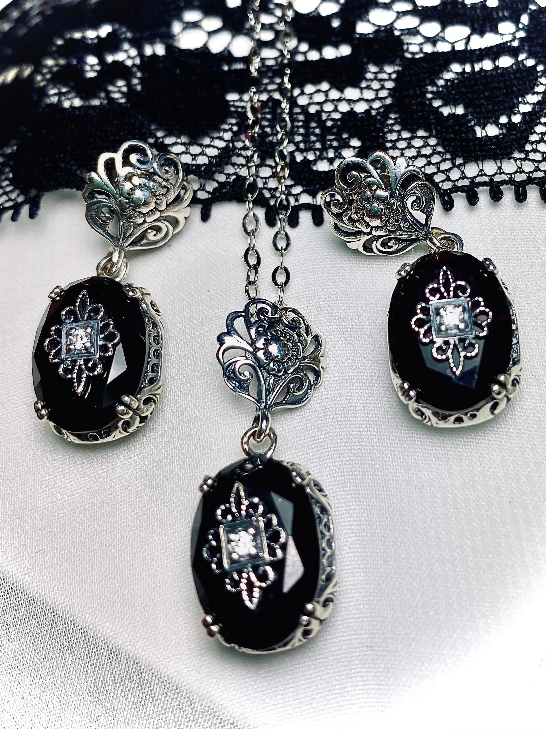 Onyx Earrings, Optional Necklace, Sterling Silver Embellishment, Vintage Edwardian Jewelry #E70e