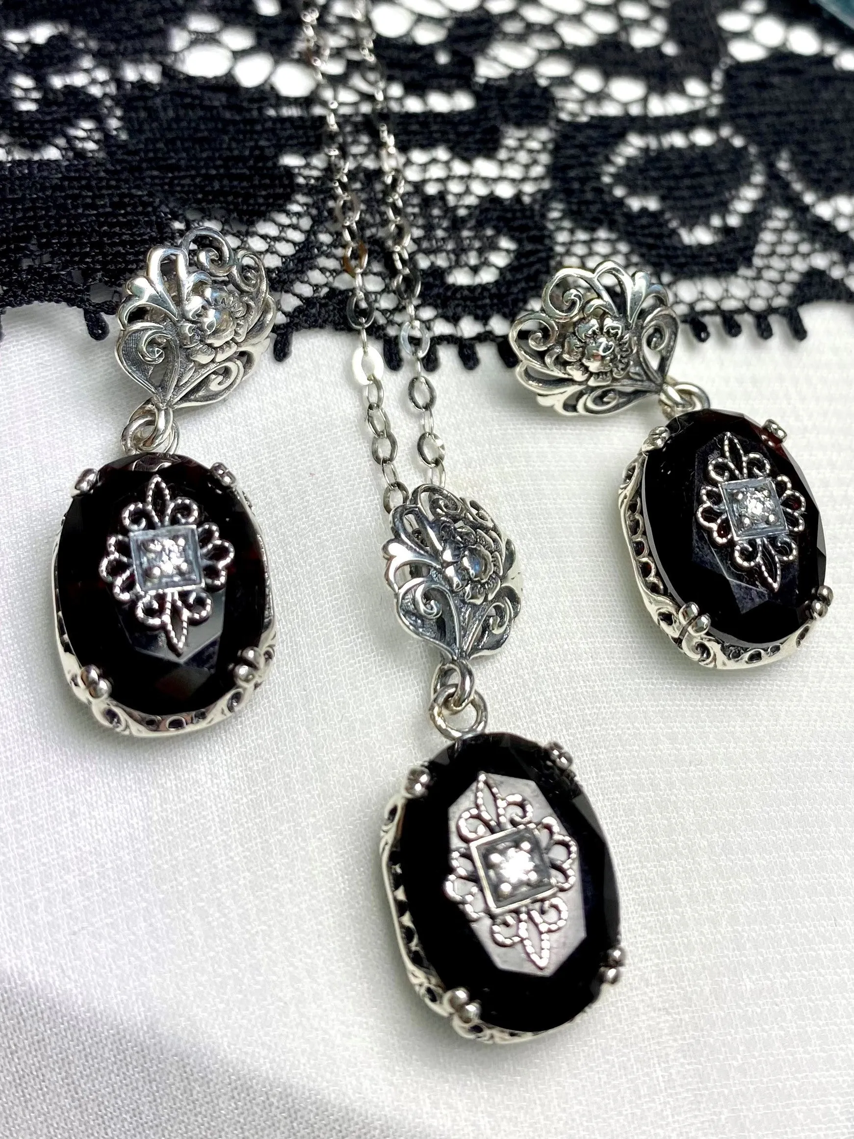 Onyx Earrings, Optional Necklace, Sterling Silver Embellishment, Vintage Edwardian Jewelry #E70e