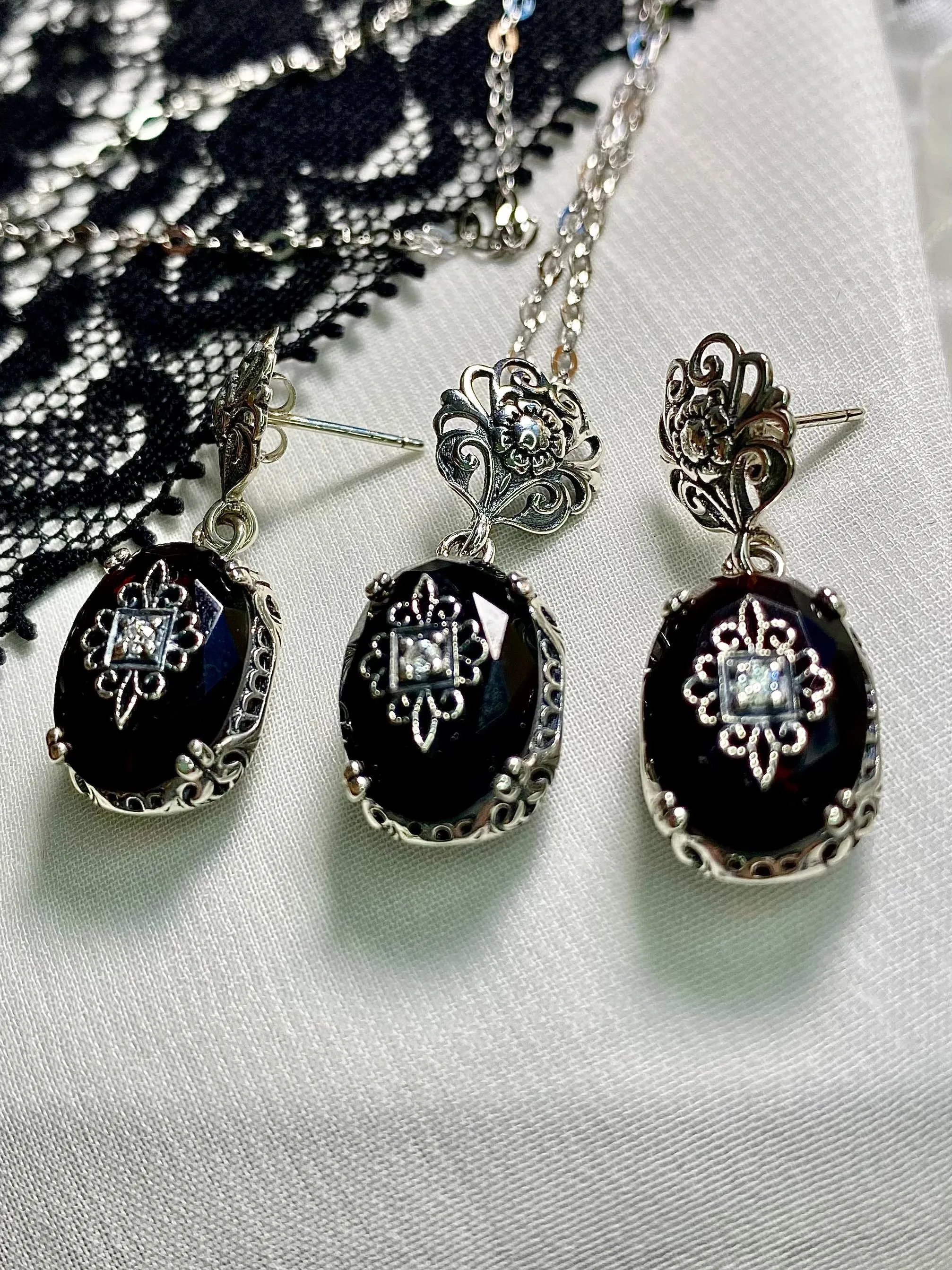 Onyx Earrings, Optional Necklace, Sterling Silver Embellishment, Vintage Edwardian Jewelry #E70e