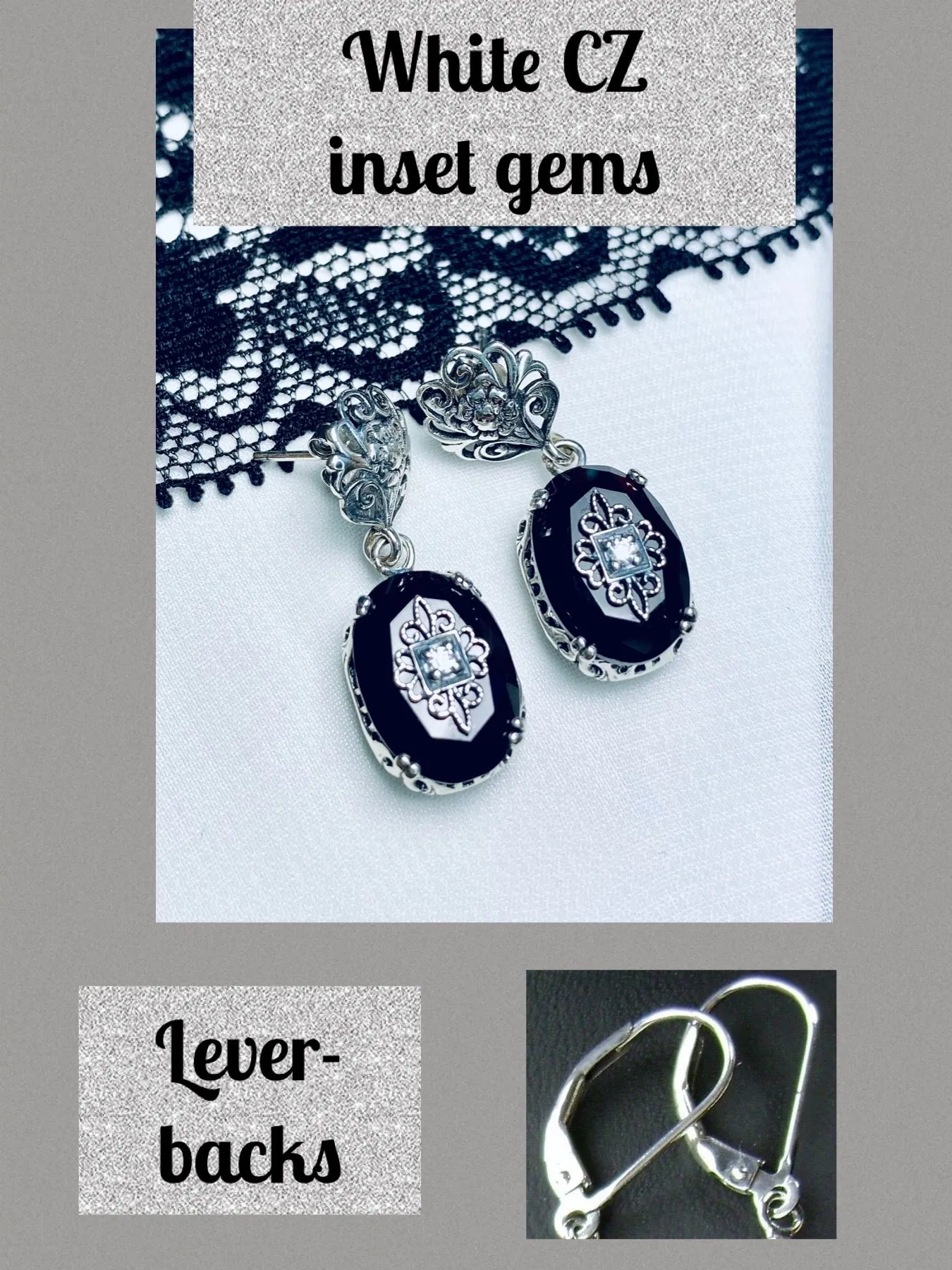 Onyx Earrings, Optional Necklace, Sterling Silver Embellishment, Vintage Edwardian Jewelry #E70e