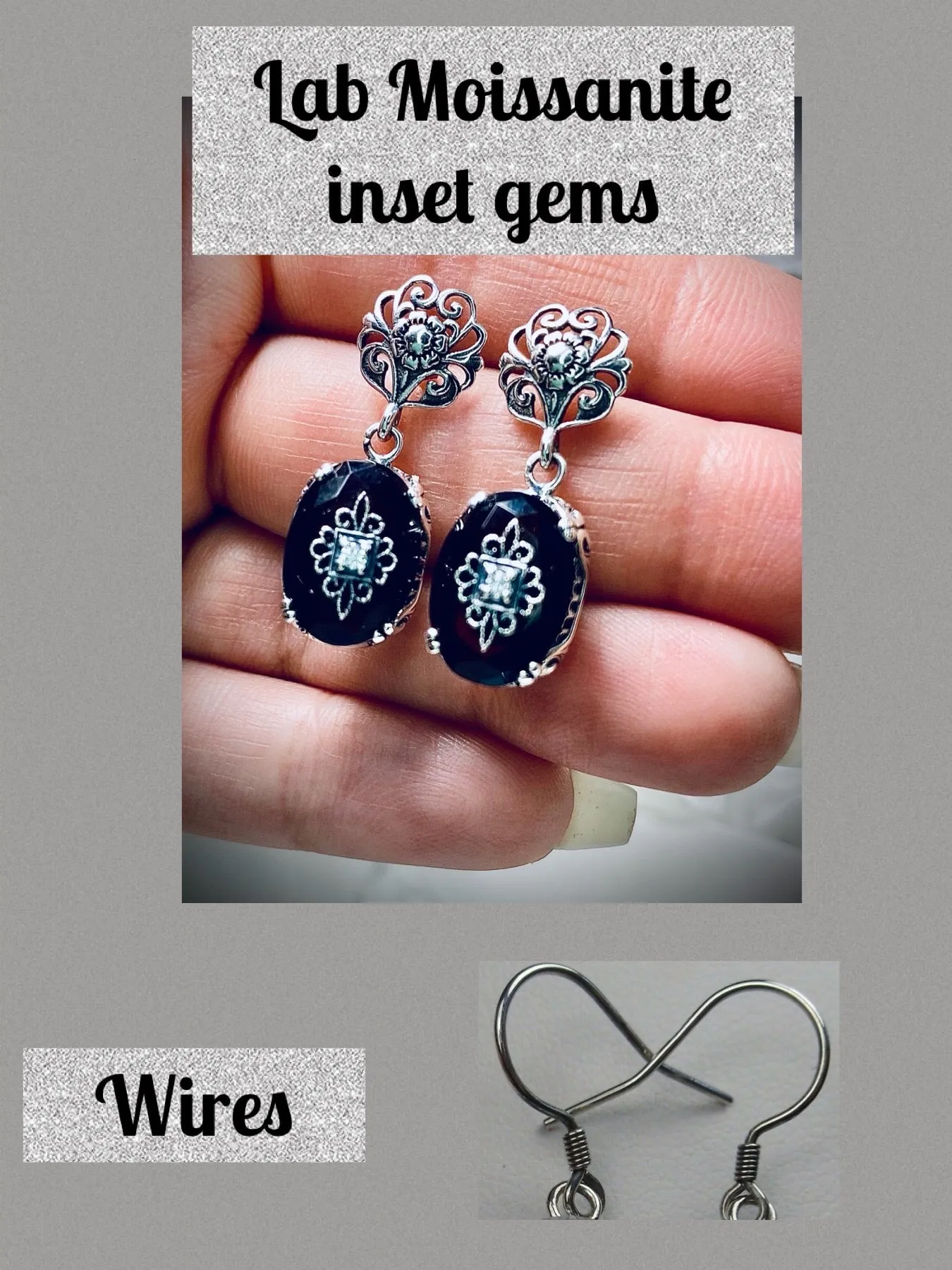 Onyx Earrings, Optional Necklace, Sterling Silver Embellishment, Vintage Edwardian Jewelry #E70e
