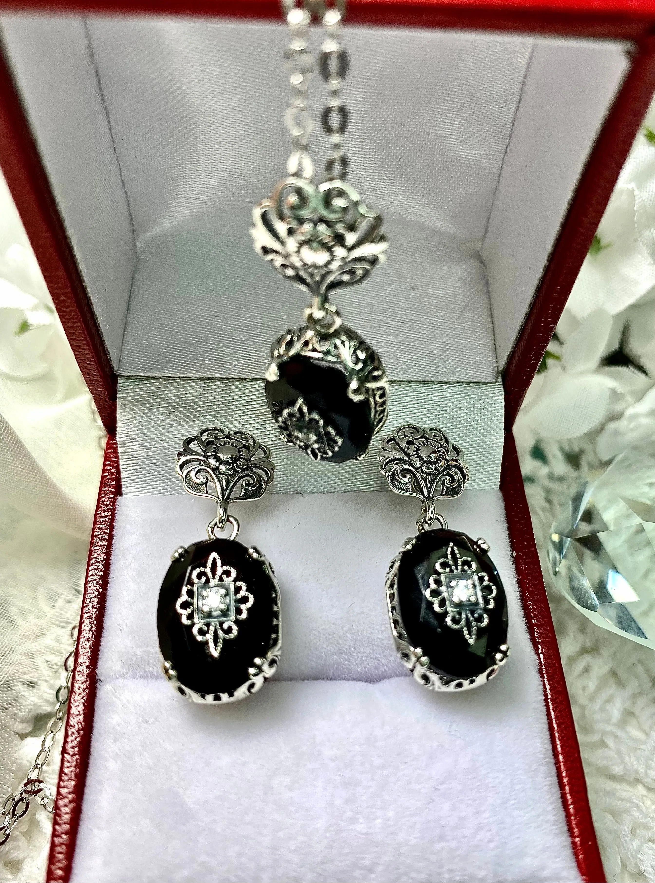 Onyx Earrings, Optional Necklace, Sterling Silver Embellishment, Vintage Edwardian Jewelry #E70e