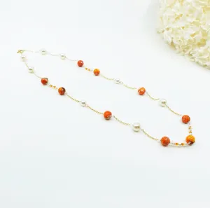 Orange Gemstone and Pearl Necklace and Earrings Set