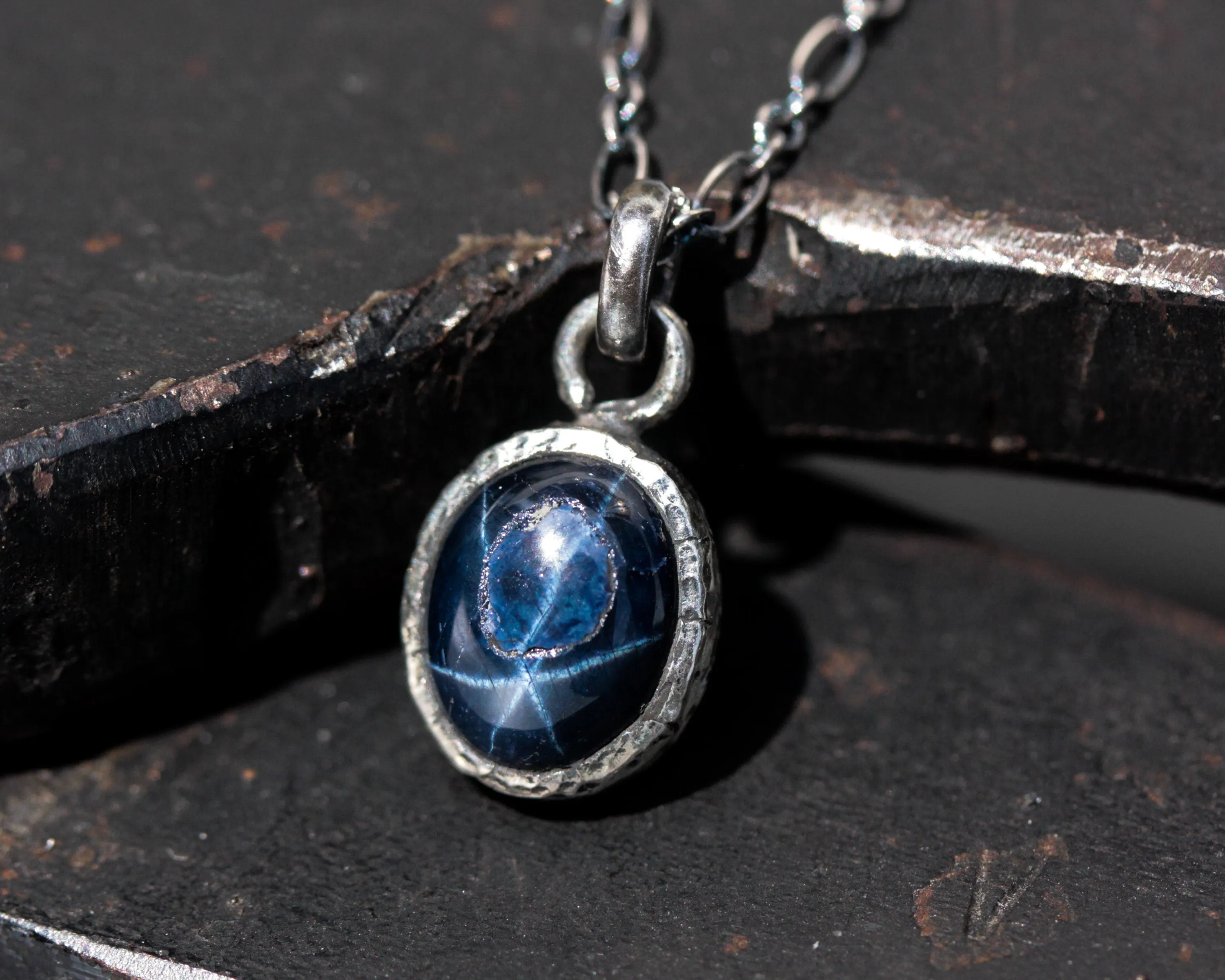 Oxidized Silver Chain with Blue Star Sapphire Necklace