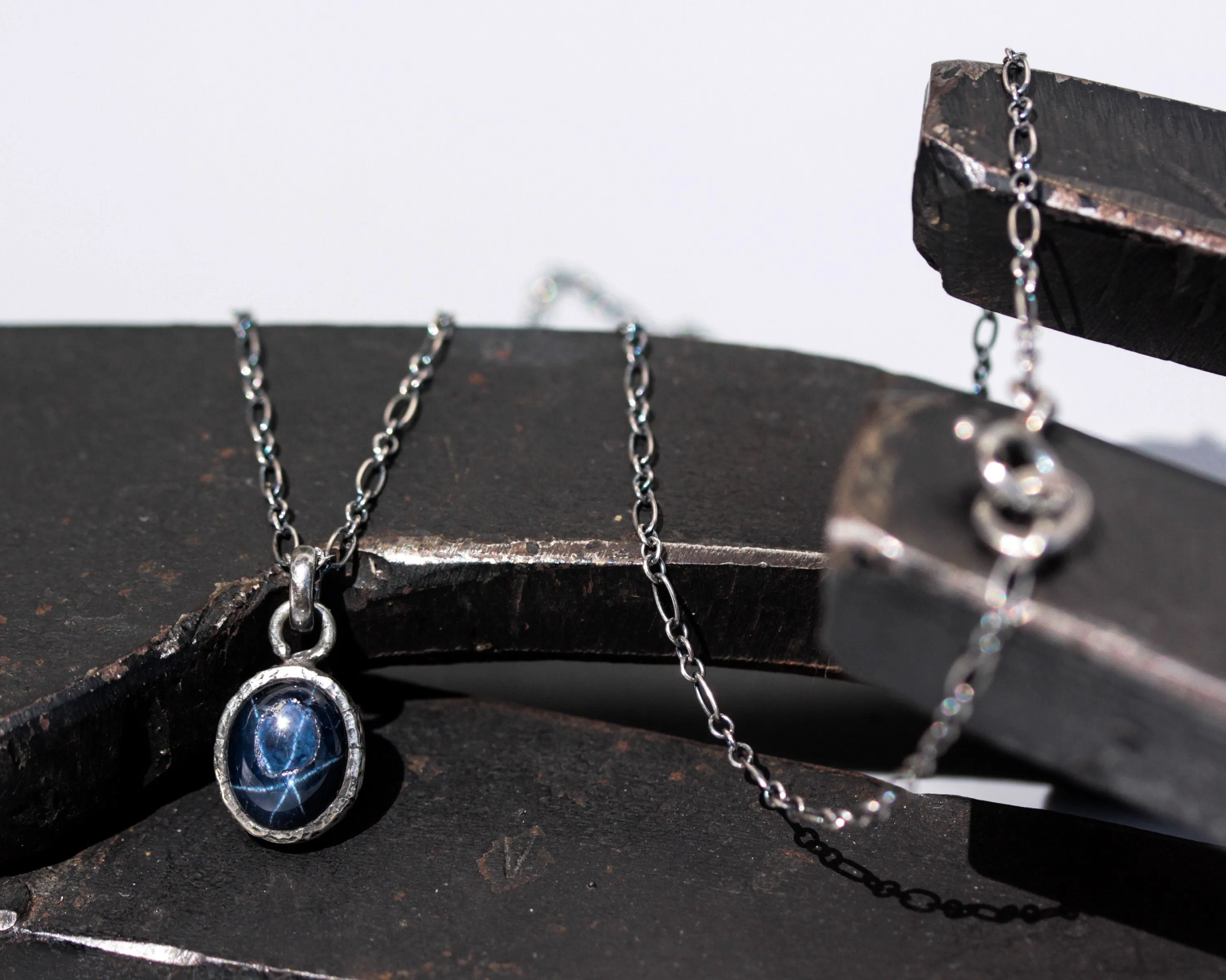 Oxidized Silver Chain with Blue Star Sapphire Necklace