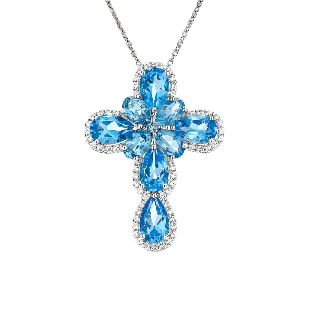Pear-cut Natural Swiss Blue Halo Cross Necklace