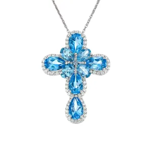 Pear-cut Natural Swiss Blue Halo Cross Necklace
