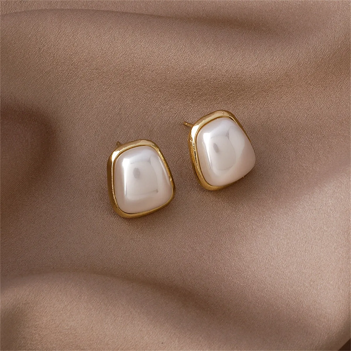 Pearl & 18K Gold-Plated Rectangle Stud Earrings