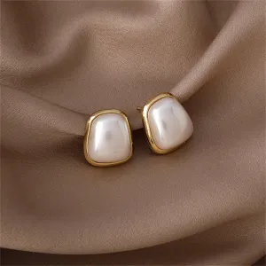 Pearl & 18K Gold-Plated Rectangle Stud Earrings