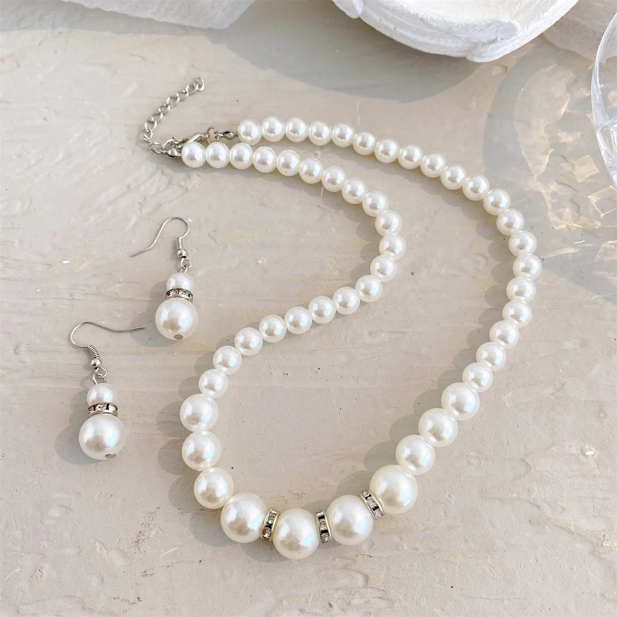 Pearl & Cubic Zirconia Beaded Necklace & Drop Earrings