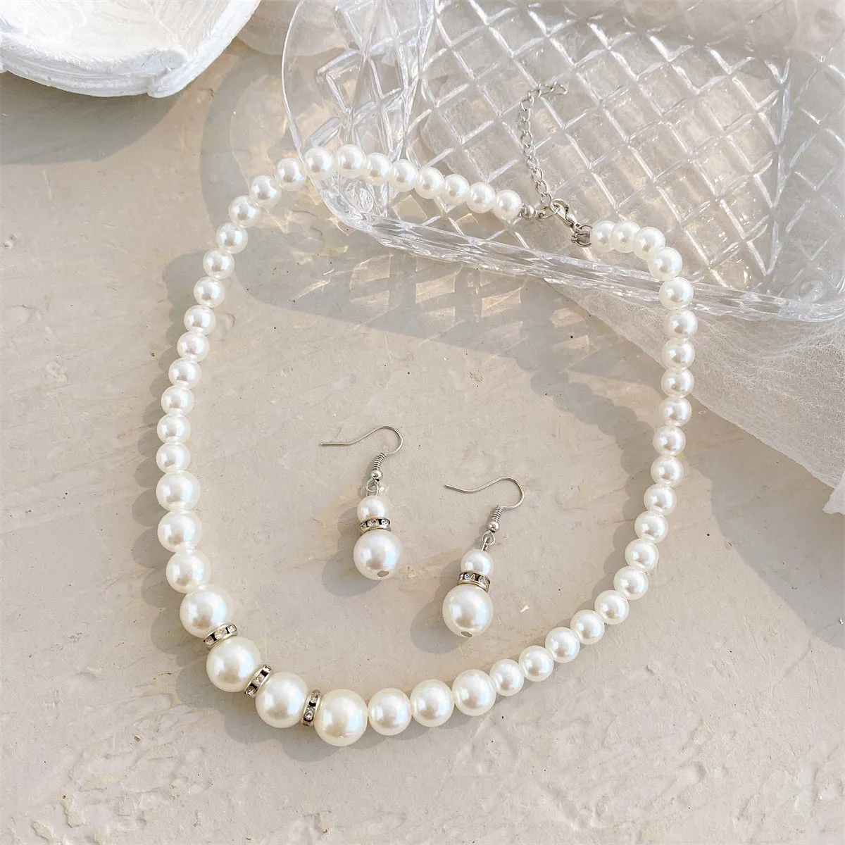 Pearl & Cubic Zirconia Beaded Necklace & Drop Earrings