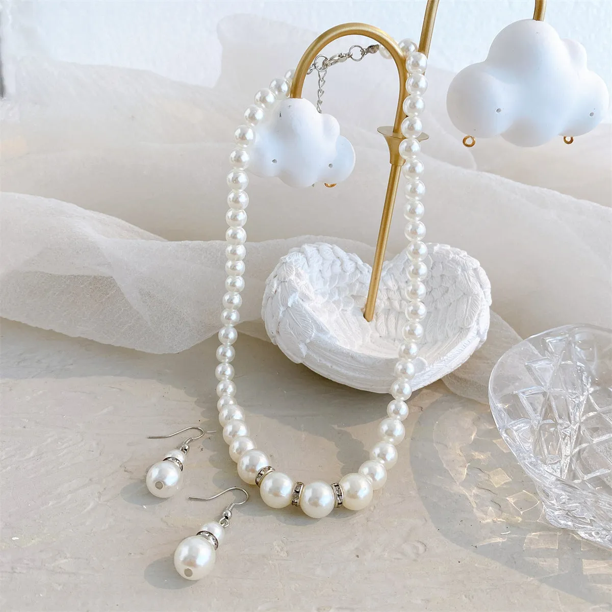 Pearl & Cubic Zirconia Beaded Necklace & Drop Earrings