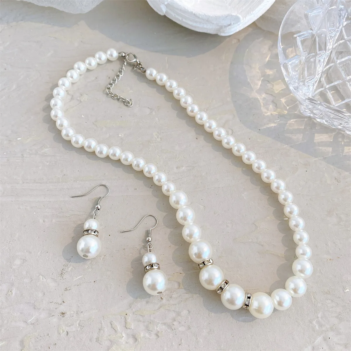 Pearl & Cubic Zirconia Beaded Necklace & Drop Earrings