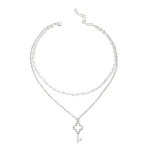 Pearl & Cubic Zirconia Silver-Plated Layered Key Pendant Necklace