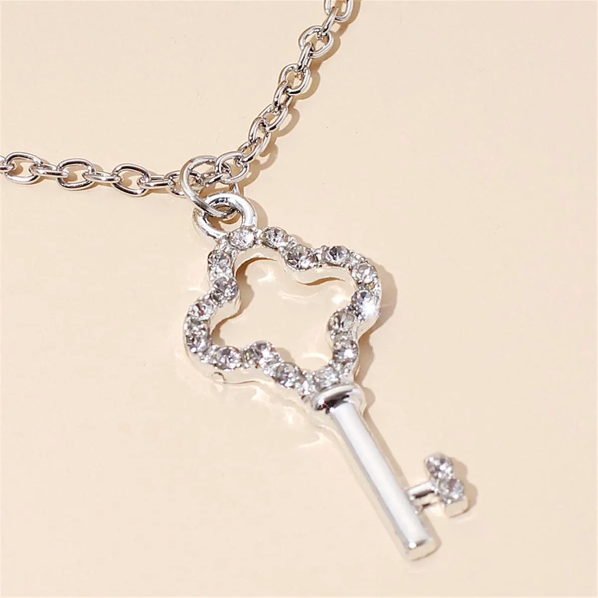 Pearl & Cubic Zirconia Silver-Plated Layered Key Pendant Necklace