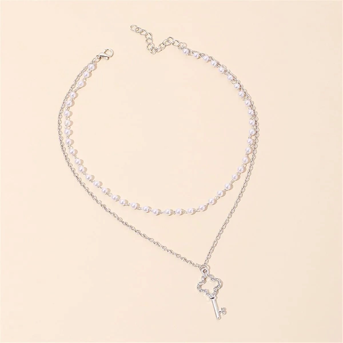 Pearl & Cubic Zirconia Silver-Plated Layered Key Pendant Necklace