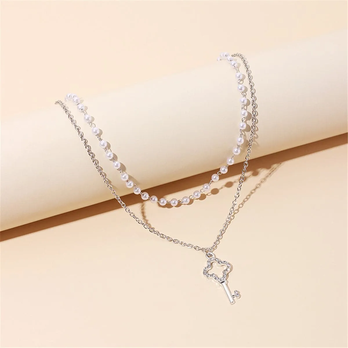 Pearl & Cubic Zirconia Silver-Plated Layered Key Pendant Necklace