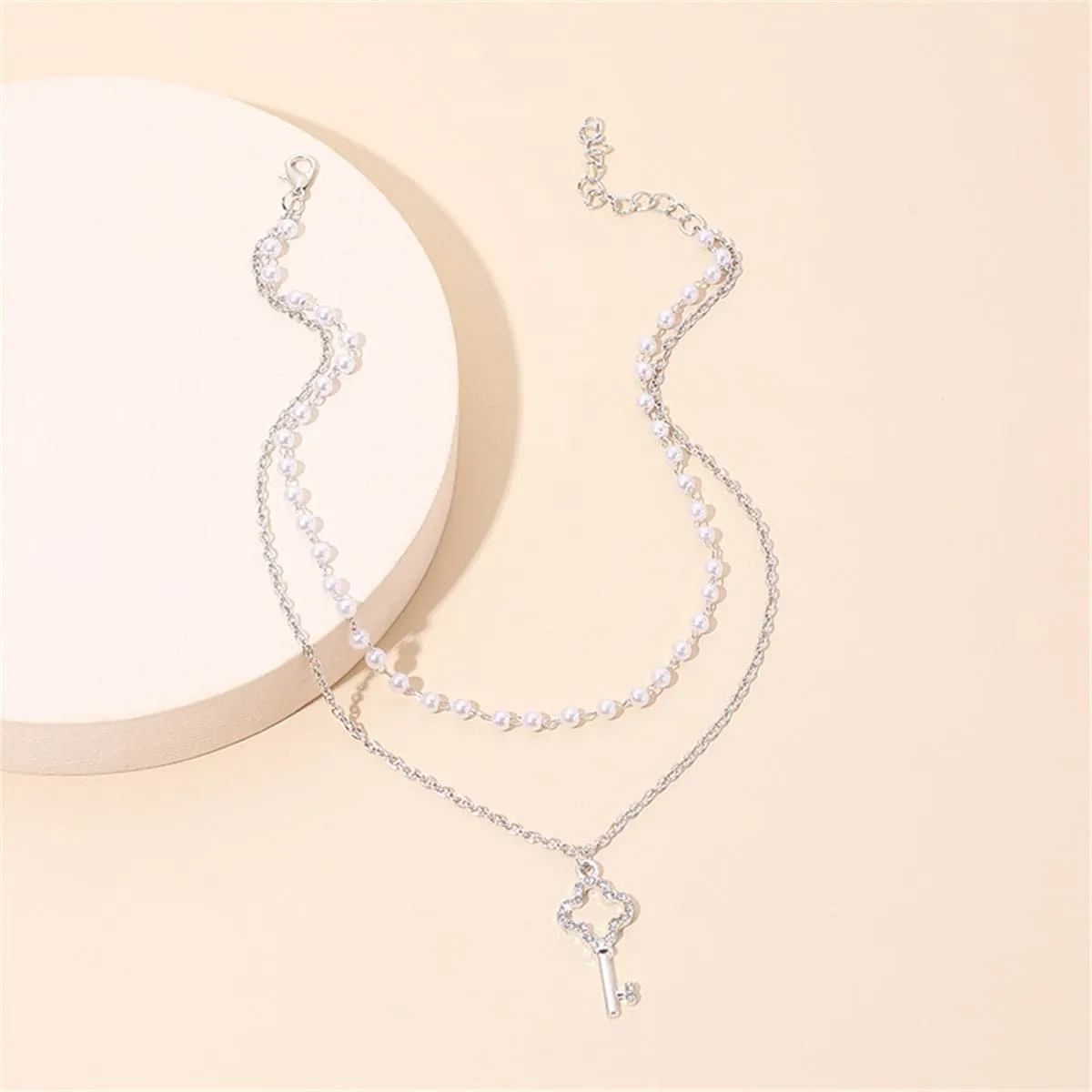 Pearl & Cubic Zirconia Silver-Plated Layered Key Pendant Necklace