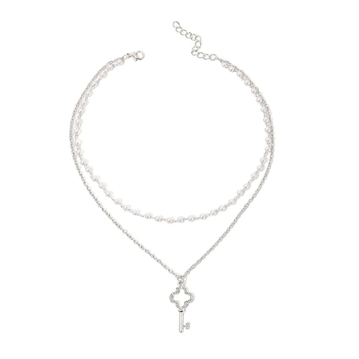 Pearl & Cubic Zirconia Silver-Plated Layered Key Pendant Necklace