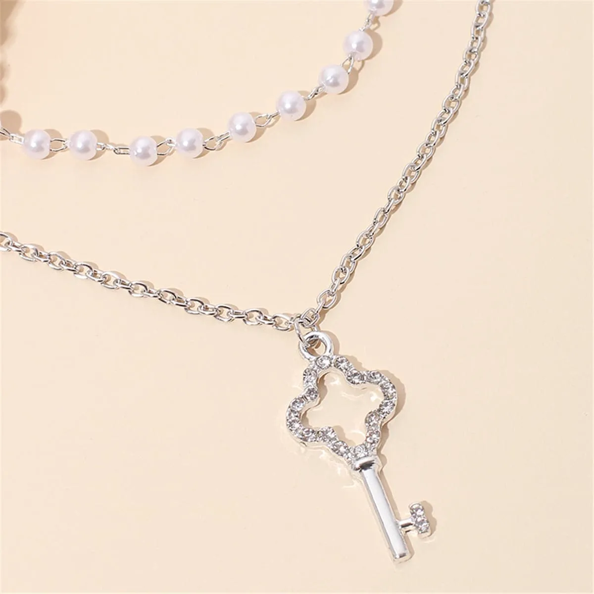 Pearl & Cubic Zirconia Silver-Plated Layered Key Pendant Necklace