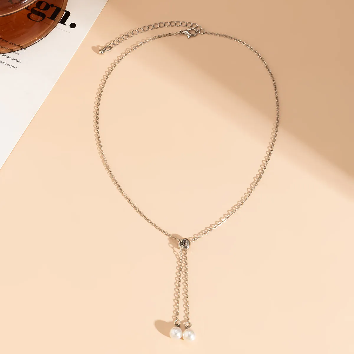 Pearl & Silver-Plated Two-Drop Lariat Pendant Necklace