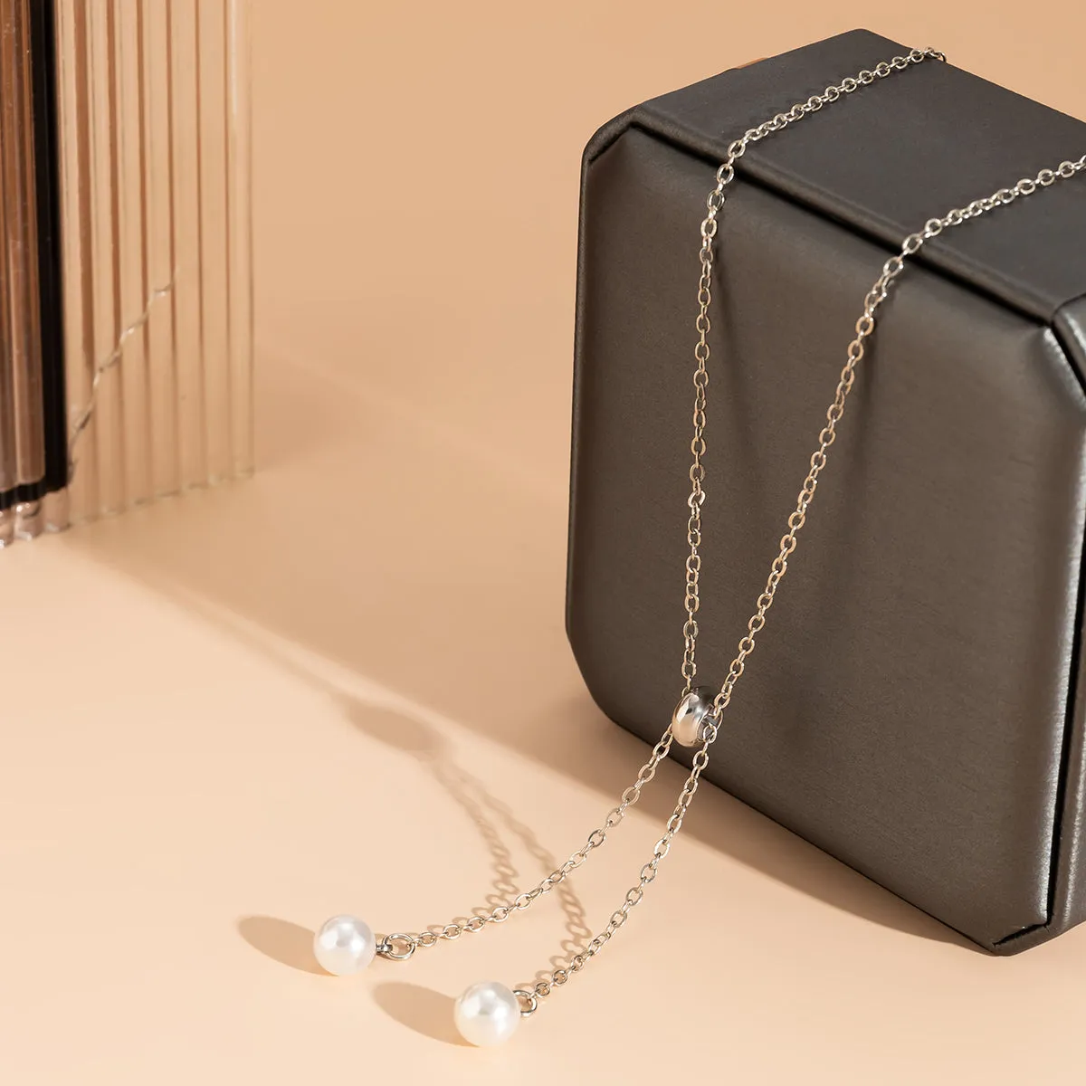 Pearl & Silver-Plated Two-Drop Lariat Pendant Necklace
