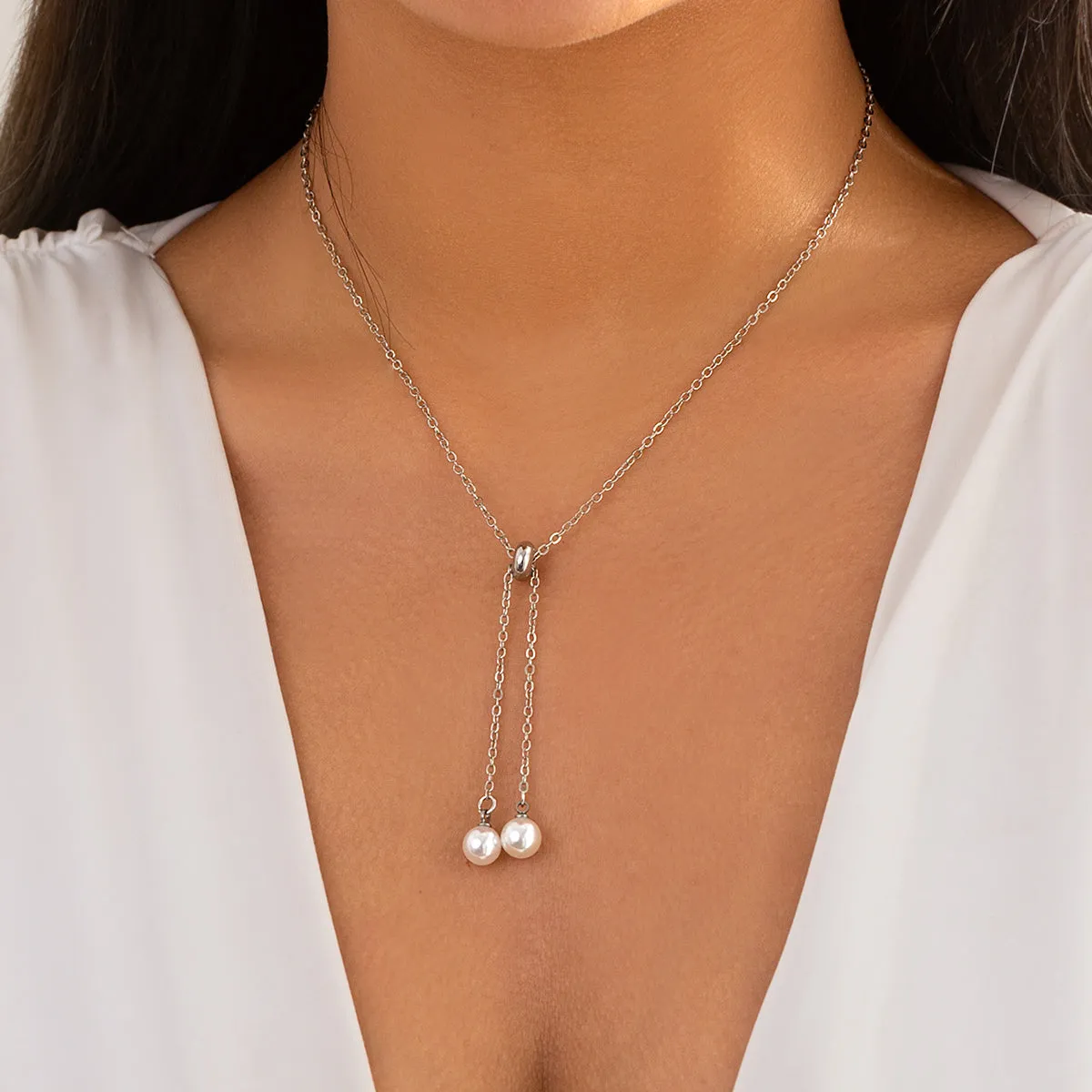 Pearl & Silver-Plated Two-Drop Lariat Pendant Necklace