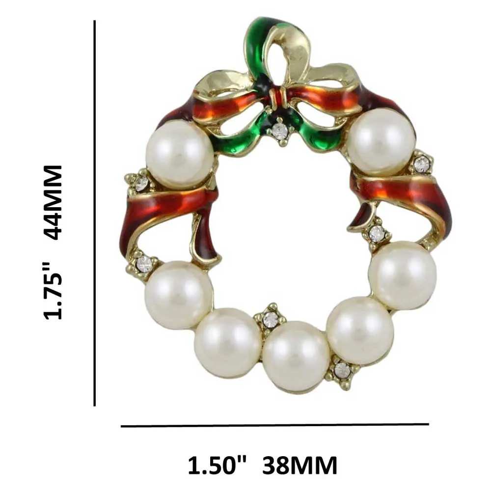 Pearl Christmas Wreath Brooch Pin with Red Green Ribbon - XP113
