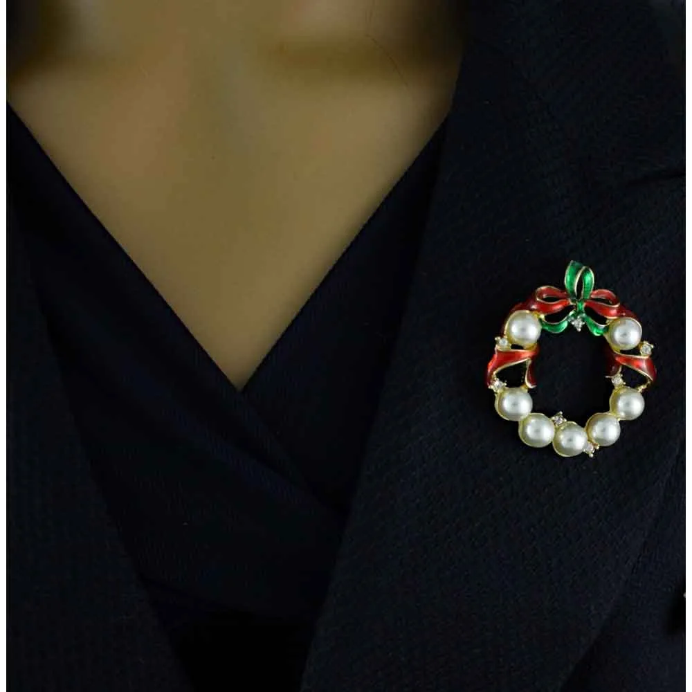 Pearl Christmas Wreath Brooch Pin with Red Green Ribbon - XP113