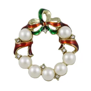 Pearl Christmas Wreath Brooch Pin with Red Green Ribbon - XP113