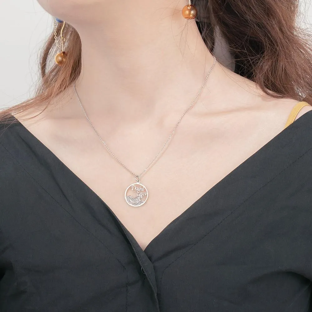 Personalized 925 Sterling Silver Necklace for Women with Wave Shape Customized 2 Names Circle Pendant, Anniversary Gift
