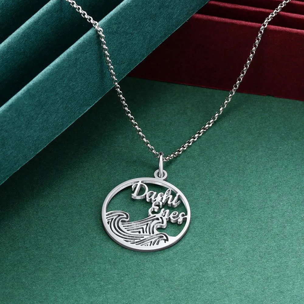 Personalized 925 Sterling Silver Necklace for Women with Wave Shape Customized 2 Names Circle Pendant, Anniversary Gift