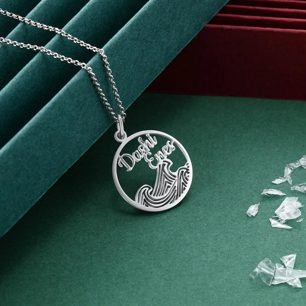 Personalized 925 Sterling Silver Necklace for Women with Wave Shape Customized 2 Names Circle Pendant, Anniversary Gift